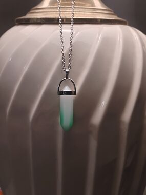 Green Flourite Crystal Pendant. Hexagon Cut. 16-in Stainless Steel Chain.